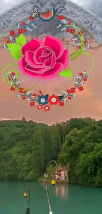 This live wallpaper showcases a stunning digital rendering of a pink rose resting on a tranquil lake