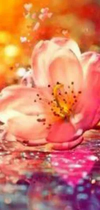 This phone live wallpaper showcases a stunning pink flower set atop a serene body of water, creating a captivating digital art display