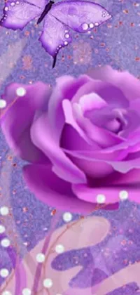 This phone live wallpaper features a stunning purple rose paired with a flurry of butterflies on a purple background