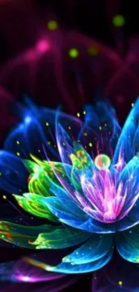 This phone live wallpaper features a psychedelic, digital art design with a blue and purple flower duo