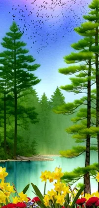 This gorgeous phone live wallpaper showcases a stunning watercolor painting of a serene lake surrounded by tall pine trees