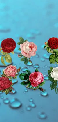 This stunning live wallpaper showcases a bunch of roses on a reflective blue surface, with ultra-detailed raindrops adding a touch of realism
