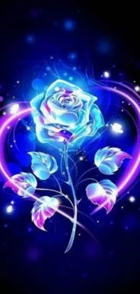 This phone live wallpaper showcases a glowing rose illuminated by digital art against a neon blue background