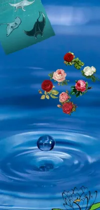 This phone live wallpaper features a bunch of bright colored flowers floating on top of a greenish blue body of water