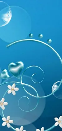This phone live wallpaper showcases graceful bubbles floating over a serene blue background, adorned with beautiful blue flower accents and a charming heart