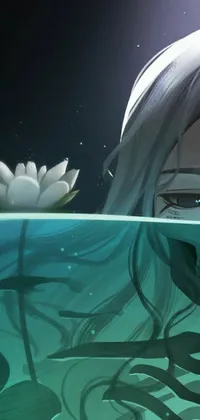This spooky live wallpaper features an anime-style skull sitting on a reflective body of water