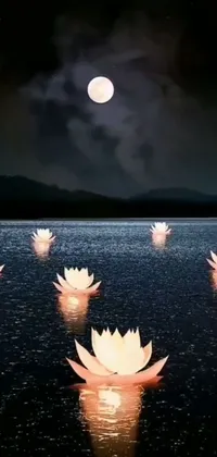 This phone live wallpaper features a tranquil scene of flowers drifting atop a peaceful body of water, illuminated by the luminous light of the moon