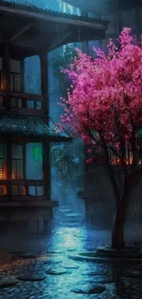 Enjoy the calming and serene atmosphere of a Japanese city at night with this live wallpaper featuring a beautiful tree standing in the rain
