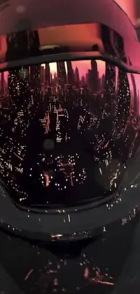 This phone live wallpaper showcases a close up of a stylish helmet with a neonpunk futuristic city in the background