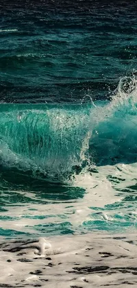 This animated phone wallpaper displays a surfer riding the waves of an ocean