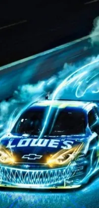 This phone live wallpaper showcases a fast and furious race car leaving a trail of thick smoke behind it