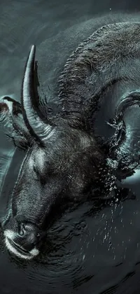 This stunning live wallpaper features a photorealistic ram swimming in dark water