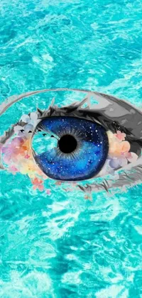 This phone live wallpaper features a mesmerizing and surreal image of a blue eye submerged in water, with feathers floating around it