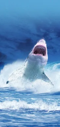 This stunning live phone wallpaper showcases a close-up view of a great white shark soaring out of the water