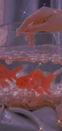This phone live wallpaper depicts a stunning piece of artwork that features a goldfish in a bowl
