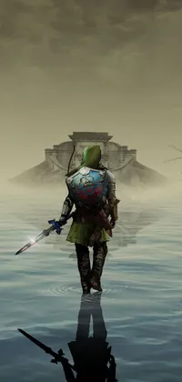 This phone wallpaper features a striking image of a sword-wielding figure standing in calm waters, inspired by the world of The Legend of Zelda
