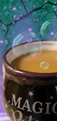 This live wallpaper features a hot cup of coffee with playful soap bubbles floating above it