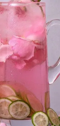 Enjoy the refreshing and charming phone live wallpaper of a pink liquid-filled pitcher on a table, surrounded by large rose petals and green leaves