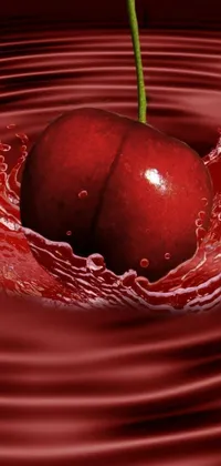 In this live wallpaper for phones, a vivid-red apple is suspended in a bowl of deep-red liquid and water