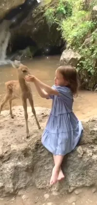 This live phone wallpaper is a stunning depiction of a young girl petting a deer while standing within a misty waterfall