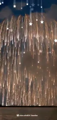 This phone live wallpaper showcases digital art of fireworks bursting in the sky over water