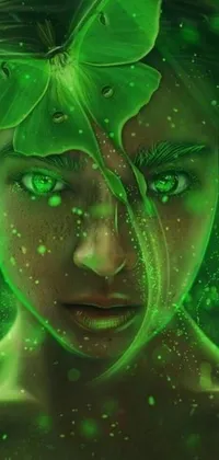Get lost in the surrealist delights of this stunning digital art phone live wallpaper! Featuring an enigmatic woman with piercing green eyes and a playful butterfly resting on her head, set against a backdrop of vibrant green slime and glowing silhouettes