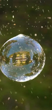 This phone live wallpaper features a mesmerizing bubble floating above a lush green field, with a sparkling sun creating wet reflections in square eyes