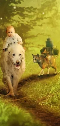 This live phone wallpaper features an enchanting fantasy art image of a child joyfully riding a dog