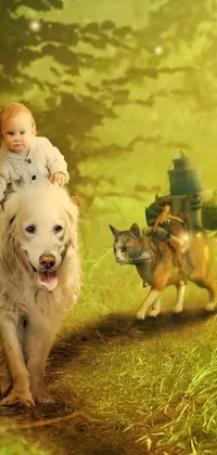 This phone live wallpaper features a surreal golden steampunk depiction of a baby on a dog's back