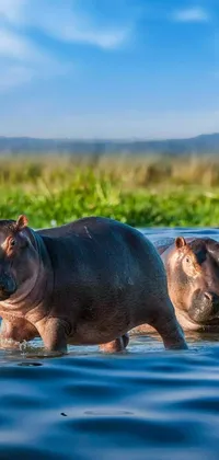 This live wallpaper features two hippos in a serene waterfront setting