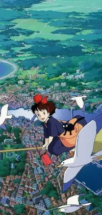 Customize your mobile phone with this stunning live wallpaper featuring two anime characters gracefully flying over a vivid city landscape reminiscent of Kiki's Delivery Service