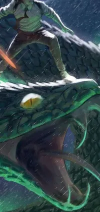 This phone live wallpaper showcases a striking artwork of a man riding on the back of a green snake, braving a close-up fight