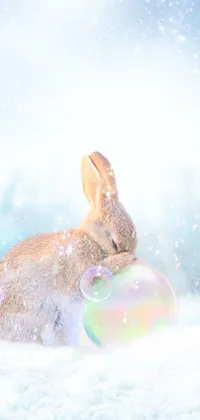 Transform your phone with this surreal and enchanting live wallpaper! Featuring a charming and fluffy rabbit sitting atop a snowy landscape, the scene is punctuated with vibrant iridescent bubbles that add a playful and whimsical quality