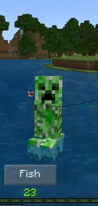 This phone wallpaper features a vibrant image of a fish statue in a tranquil lake alongside a Minecraft creeper covered in slime
