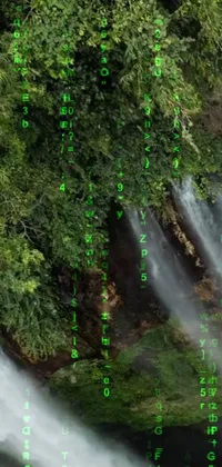 This phone live wallpaper features a stunning aerial view of a waterfall surrounded by lush trees