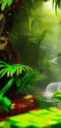 Experience the beauty of nature on your phone with this live 3D render wallpaper featuring a small waterfall set in a lush jungle