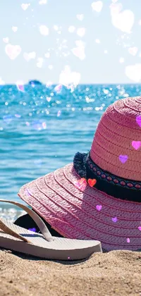 This exquisite live phone wallpaper features a darling pink hat resting against golden sand on a serene Mediterranean beach