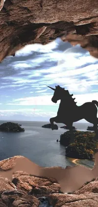 This live wallpaper portrays a surreal image of a horse and a man riding through a dark cave