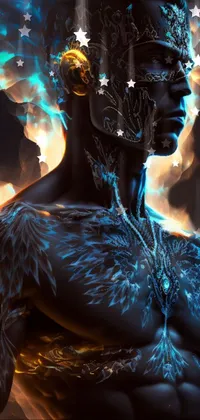 This dynamic phone live wallpaper features a muscular cyborg standing in front of blue flames