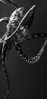 This phone live wallpaper showcases a black and white photograph of an intricately detailed octopus hanging down with extended arms