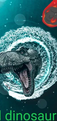 The dinosaur live phone wallpaper features a stunning poster art-style image of a fierce prehistoric creature perched by a tranquil body of water