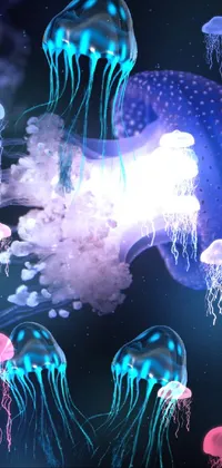 This stunning phone live wallpaper features a group of jellyfish gracefully drifting atop a clear body of water