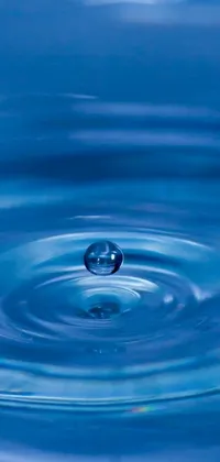 This phone live wallpaper captures a close-up of a water drop in motion within a body of water, against a serene blue background