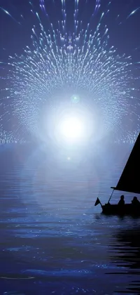 This live wallpaper showcases a sleek boat floating atop tranquil waters dotted with bursts of fireworks