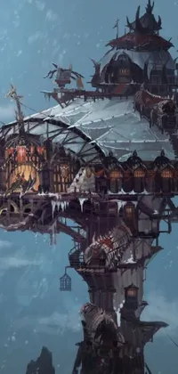 This phone live wallpaper features a wonderful fantasy concept art with a ship floating in the air over a winter wonderland