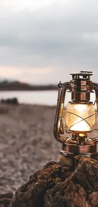 Our phone live wallpaper features a realistic image of a vintage carbide lamp lantern sitting on a rustic tree stump