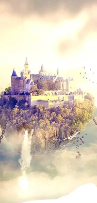 This live wallpaper for phones features a stunning castle atop a cliff soaring in the fantastic realm of floating islands and skies in shades of purple and pink
