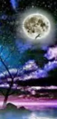 This live phone wallpaper displays a breathtaking digital art piece of a full moon radiating over a blissful water body