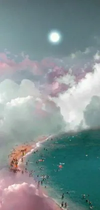 This phone live wallpaper showcases a captivating scene of a group of people standing on top of a lush beach overlooking the ocean
