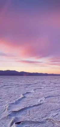 This live wallpaper features a large body of water amidst a desert, showcased in a purple sky